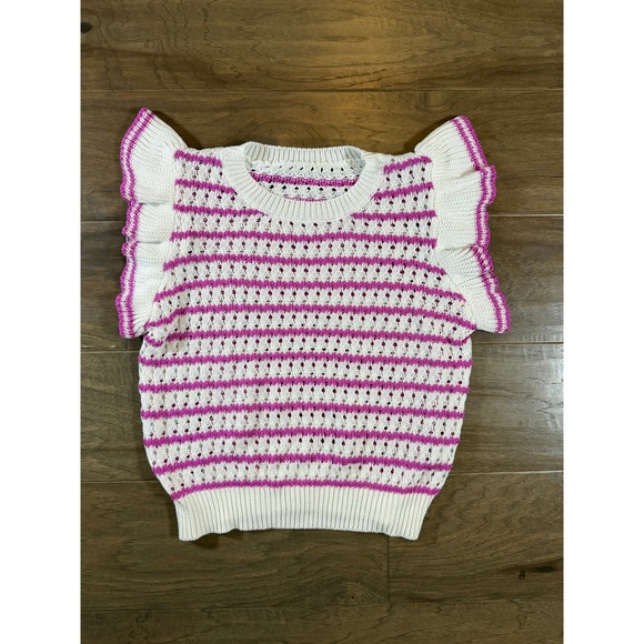 Unbranded Sweaters - Pink White Striped Pointelle Knit Ruffle Sleeve Sweater Top Womens XS